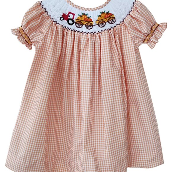 New Thanksgiving Pumpkins Girls Bishop Smocked Dress Orange Plaid Fall Tractor - Picture 6 of 7